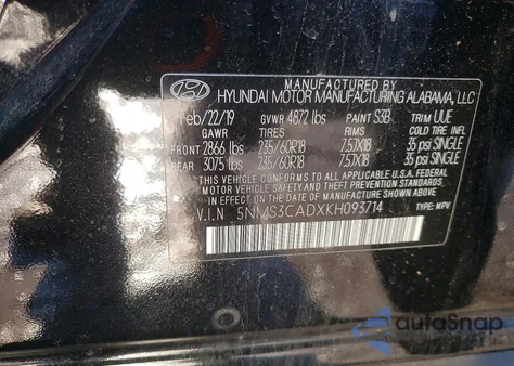 2019 Hyundai Santa Fe Sel z USA, uszkodzony, nr VIN 5NMS3CADXKH093714
